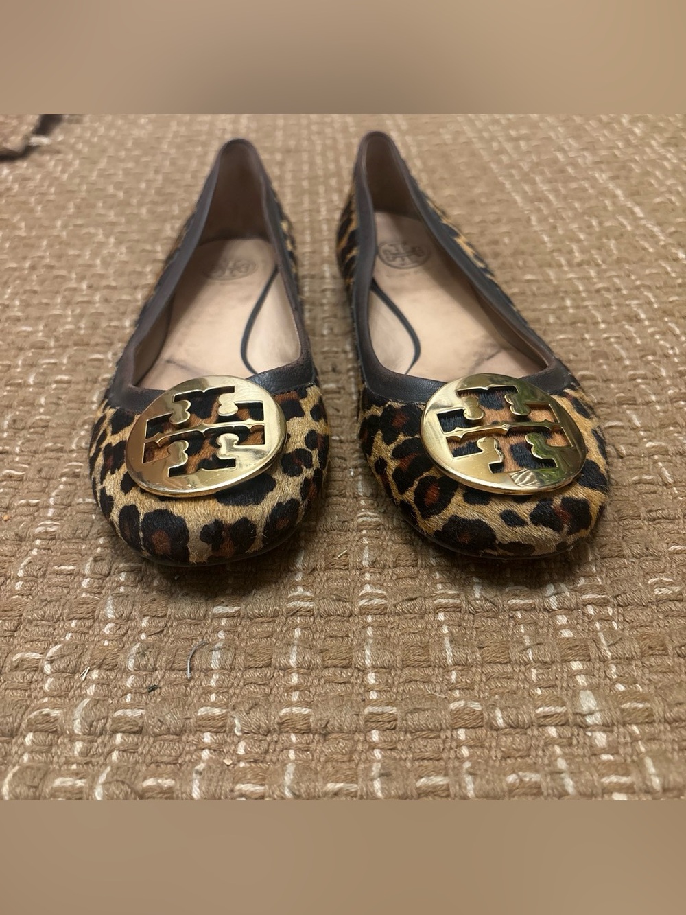 Tory Burch Leopard Print Leather Trim Ballet Flats with Gold Logo